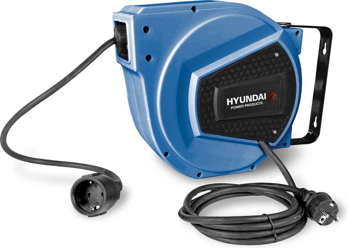 Hyundai Wandkabeltrommel 15 m 3x1,5 mm² automatisch einziehbar blau - schwenkbare Wandhalterung - 3200 W