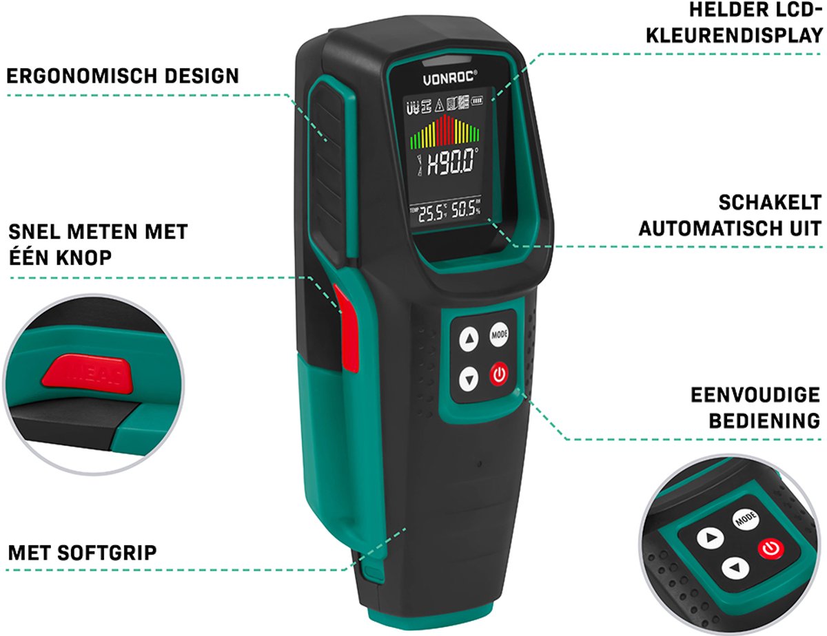 VONROC Rohrsuchgerät WD501DC - Multidetektor für Metall, Holz und Elektro - mit digitalem Winkelmesser, Temperatur- und Feuchtigkeitsmessung - Mehrfarbiges LCD - 17 x 7 x 3 cm