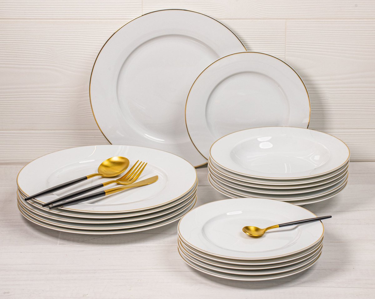 Studio Tavola 18-teiliges Geschirrset Weiß mit Goldrand - 6 Speiseteller Ø 27,5 cm, 6 tiefe Teller Ø 21,5 cm, 6 Frühstücksteller Ø 20,5 cm