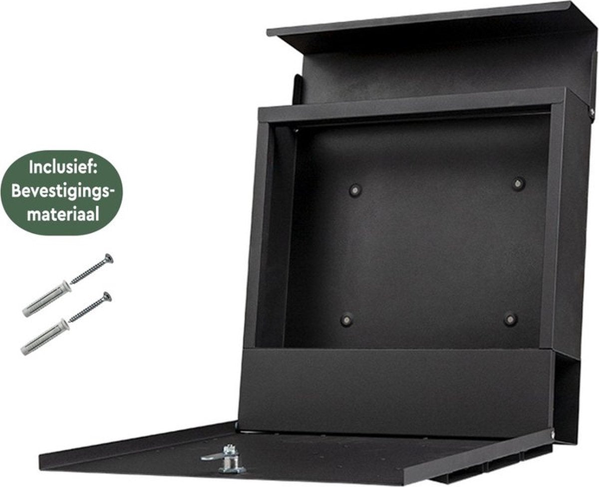 BRASQ Deluxe Briefkasten Schwarz 37,5 x 36,5 x 11 cm - Wandbriefkasten mit Schloss und Zeitungsfach - Inklusive Befestigungsmaterial & 2 Schlüssel