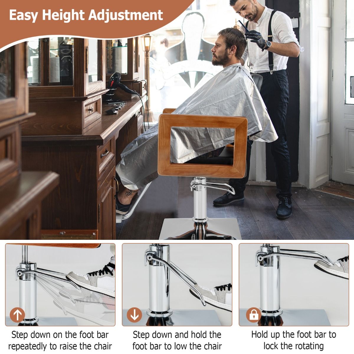 Coast Hydraulischer Friseurstuhl – um 360° drehbar – höhenverstellbar – Armlehnen aus Massivholz – schwarz
