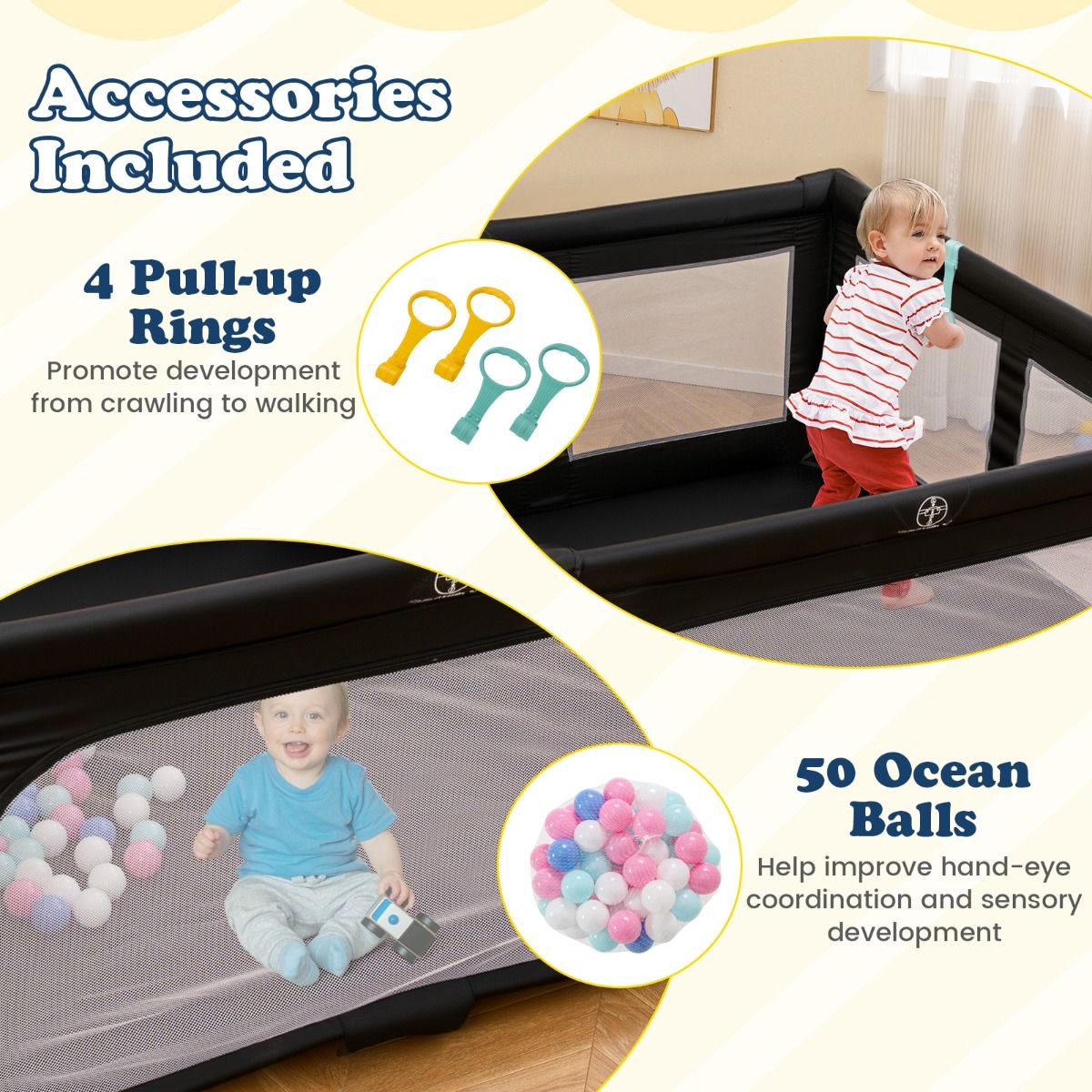 coast baby walker 150 x 150 cm - Faltbares Spielgitter mit 50 Bällen, 4 Griffen & Reißverschlusstür - Schwarz