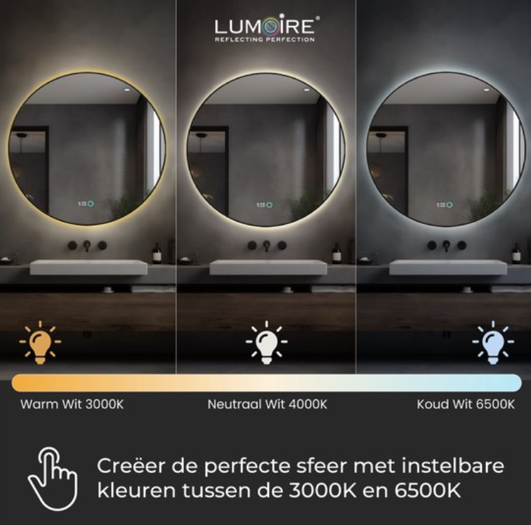 Lumoire Neon 8000 Spiegel mit Beleuchtung – schwarzer Rand – Ø 80 cm – rund, beschlagfrei, Uhr