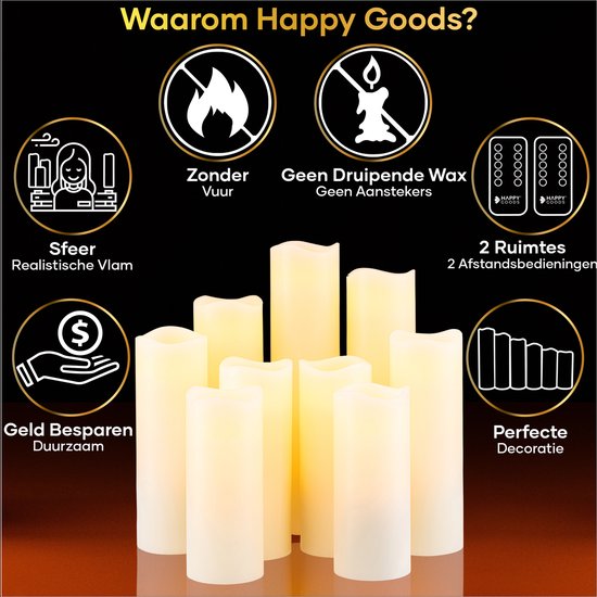 Happy Goods® - 9-teiliges Led-Kerzen-Set - ECHTES WACHS - 2 Fernbedienungen - bewegliche Flamme