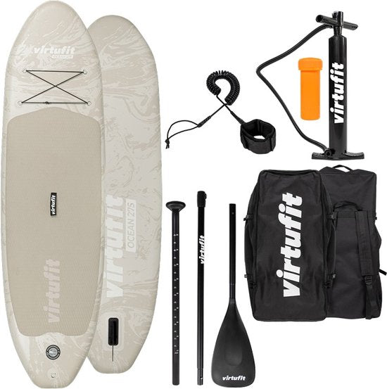 VirtuFit Supboard Ocean 275 - Sand Beige - Stand Up Paddle Board - Supboard Inflatable - Für Anfänger und Fortgeschrittene - Verstellbares Paddel - Max. 180 kg