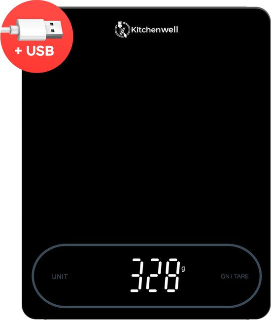 Kitchenwell Digitale Präzisions-Küchenwaage – Küchenwaage – 1 g – 12 kg – Tara-Funktion – USB – Schwarz