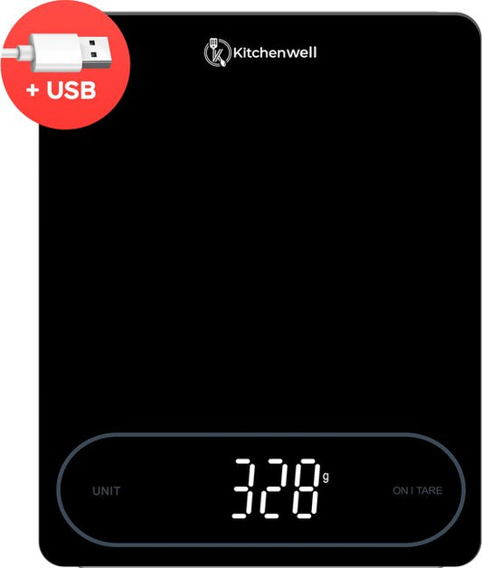 Kitchenwell Digitale Präzisions-Küchenwaage – Küchenwaage – 1 g – 12 kg – Tara-Funktion – USB – Schwarz