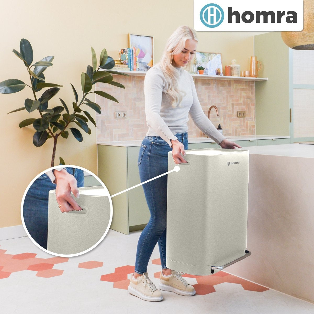 Homra Rockx Mülleimer 60 Liter - Duo-Treteimer 2X30L mit Geruchsfilter - Edelstahl Mülltrennung Mülleimer 2 Fächer - Recycling Mülleimer - Mülleimer Küche Mülltrennung - Abfalleimer - Doppelmülleimer Weiß Creme