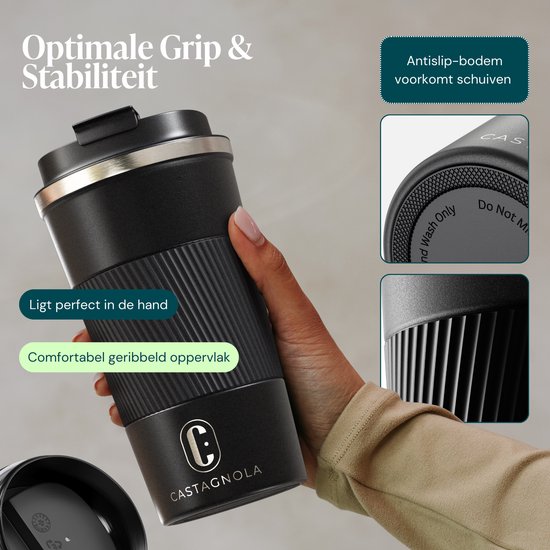 Castagnola Thermobecher – Kaffeebecher zum Mitnehmen – Reisebecher für Kaffee und Tee – Teebecher – 510 ml – Edelstahl – Schwarz