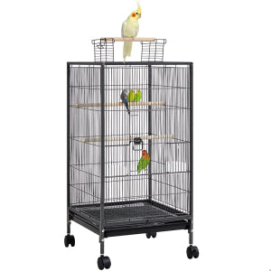 Yaheetech Vogelkäfig mit mobilem Unterbau - ausgestattet mit ausziehbarer Schublade und 4 Kunststoff-Futterstellen und 3 Holzstangen - für kleine Vögel und Sittiche - gehämmertes schwarzes Metall und Massivholz - 45,5 x 45,5 x 100,5 cm