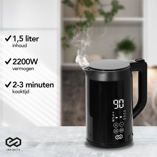 Infinity Goods Wasserkocher mit Temperaturregelung - Heizfunktion - Temperaturregelung - 1.5L - Schwarz