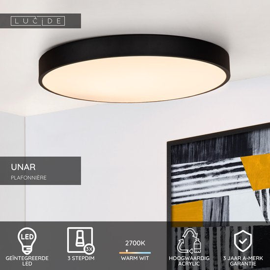 Lucide UNAR – Deckenleuchte – Ø 49,5 cm – LED 3-Stufen-Dimmer – 1x36 W, 2700 K – Schwarz