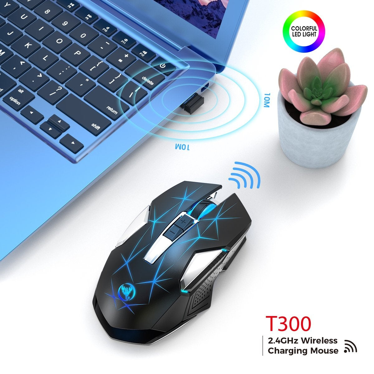 HXSJ T300 2.4G Wireless Gaming Mouse - Computermäuse - Ultraleicht - Kompakt für unterwegs - RGB-Beleuchtung - Schwarz