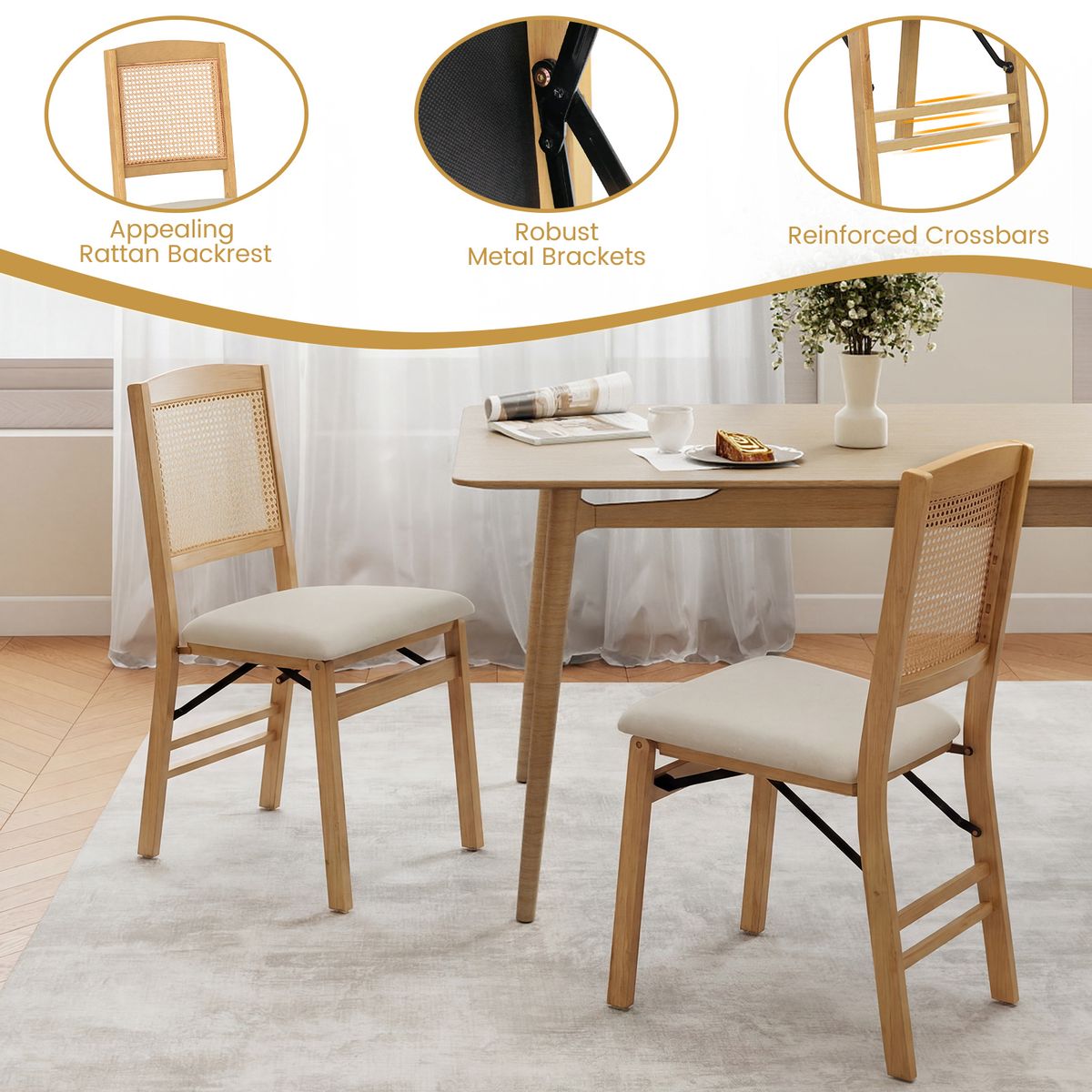 Coast Klappbare Esszimmerstühle, 2er-Set – Holz und PE-Rattan – Sitzfläche aus Leinen – Naturfarben
