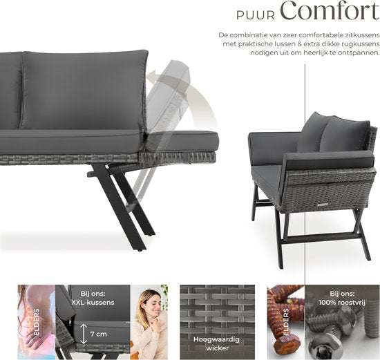 tectake® 2-in-1 Geflecht-Gartenbank Sintra - Verstellbare Handläufe - Gartenset - Liege - Balkon-Lounge-Bank - Inkl. Kissen - Outdoor-Lounge-Sofa - UV- und witterungsbeständige Sonnenliege - Grau