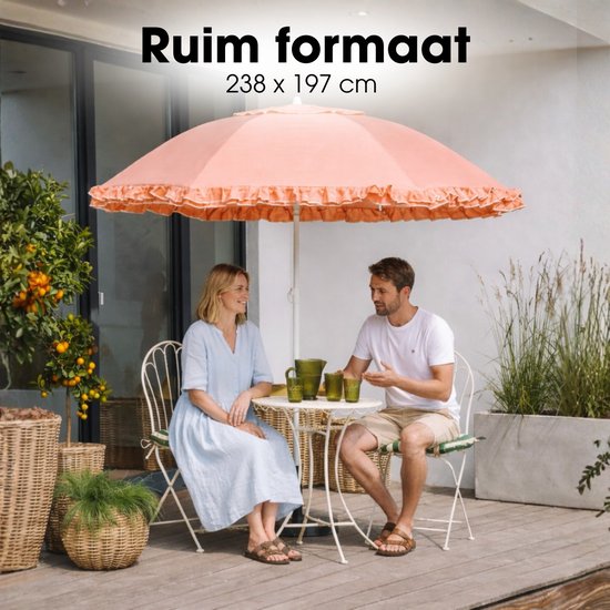 Mica Decorations Kippbarer Sonnenschirm mit Rüschen – Stangensonnenschirm 238 x Ø 195 cm – Garten- oder Balkonsonnenschirm – Polyester, Stahl – Pfirsich