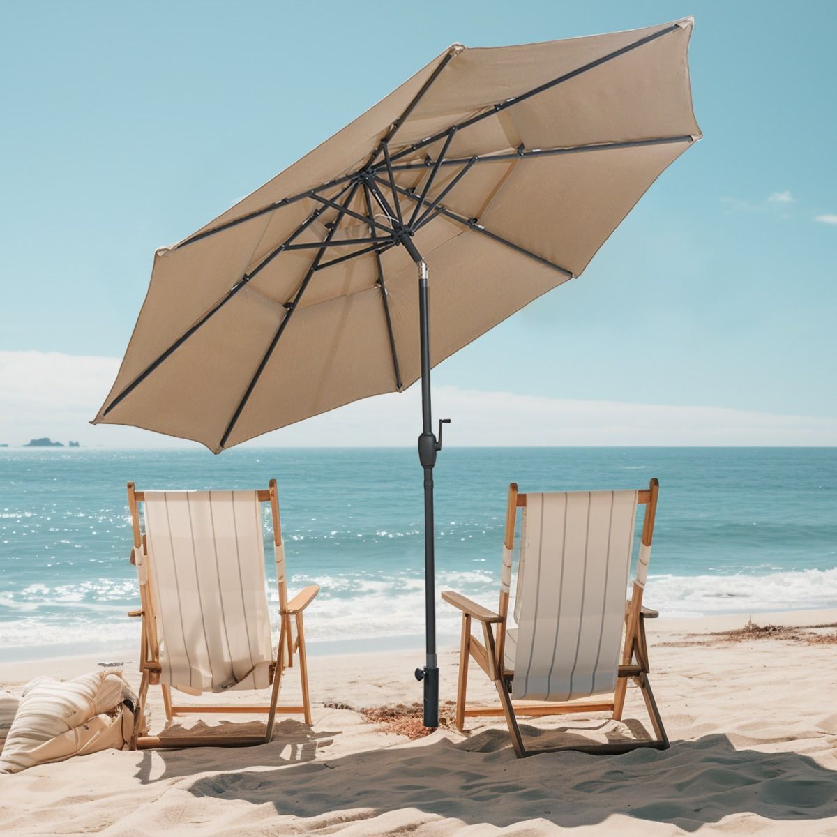 Coast Hellbrauner Tisch-Sonnenschirm 300 cm - 3-lagiger Sonnenschirm mit Kippmechanismus und Handkurbel - Garten-Sonnenschirm mit 8 Rippen und belüftetem Schirmdach