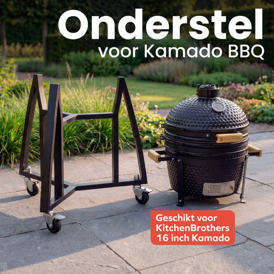 KitchenBrothers Kamado BBQ Sockel - Für 41⌀ cm - Geeignet für 16-Zoll KitchenBrothers Kamado - 102 cm Höhe - Mit Rädern und Bremse - Schwarz