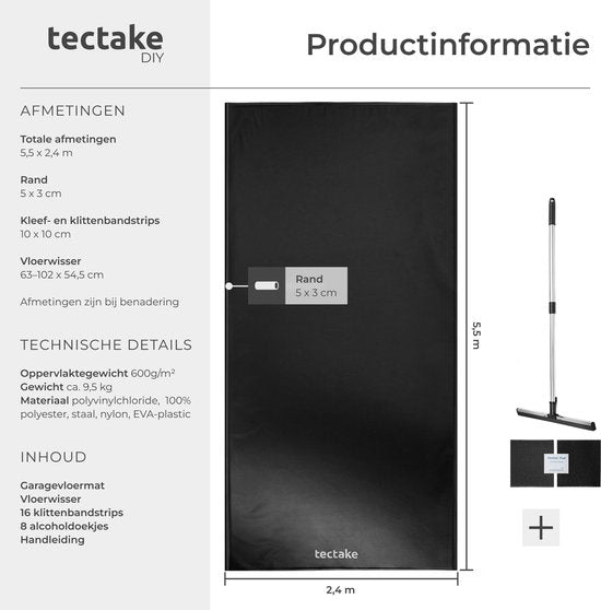 tectake® Garagenmatte – Bodenmatte – 550 x 240 cm – Rutschfest und wasserdicht – Inklusive ausziehbarer Zugleine, Klettpads und Alkoholtüchern – Umweltmatte – Werkstattmatte – Für Garage, Motorrad und Auto