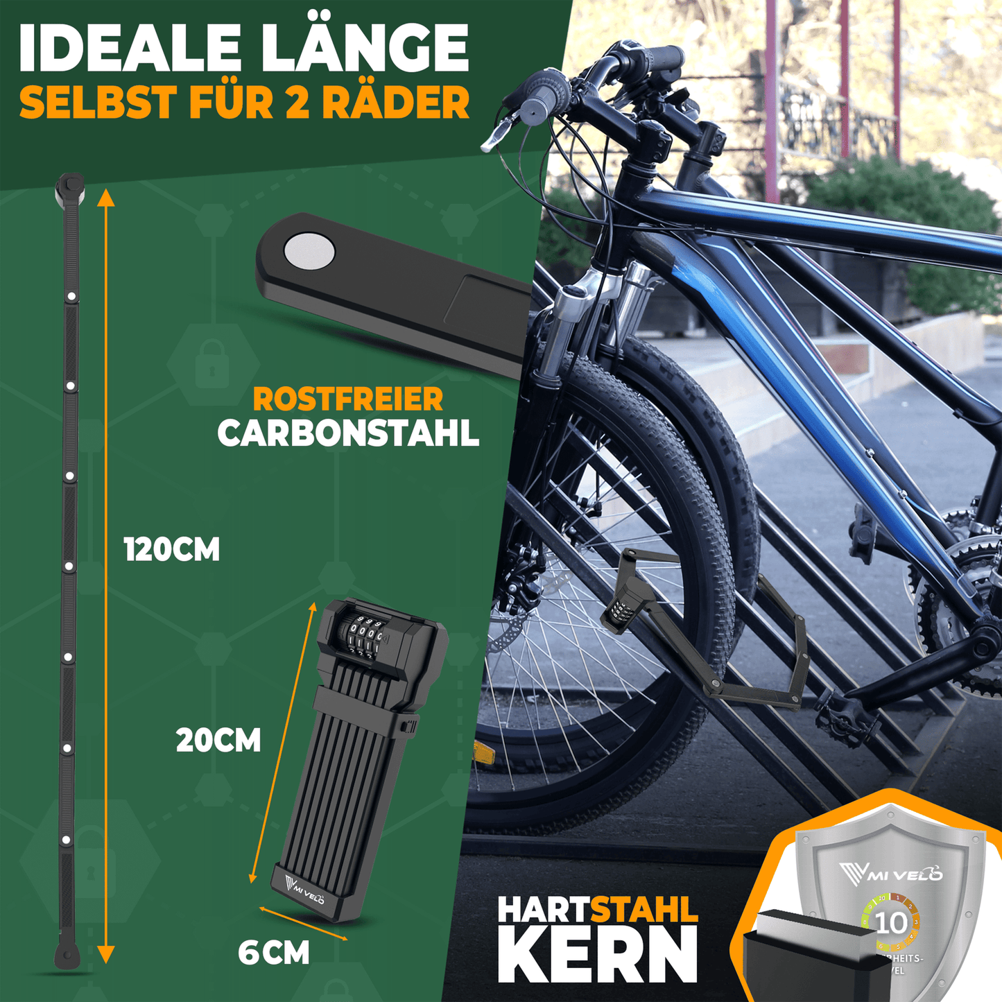 MIVELO Robustes Fahrradschloss mit Zahlencode – 120 cm lang – Carbonstahl – Wasserfest – 20 x 6 cm – Schwarz