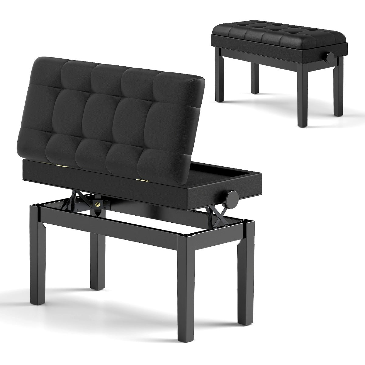 Verstellbare Duett-Klavierbank mit Ablage und wasserdichtem gepolstertem Kissen - 6 x 36 x 48-58 cm - Schwarz