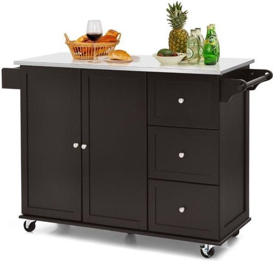 Coast Küchenwagen/Servierwagen – Edelstahl – Kücheninsel mit 3 Schubladen – 135 x 45,5 x 91,5 cm – Braun/Weiß/Schwarz