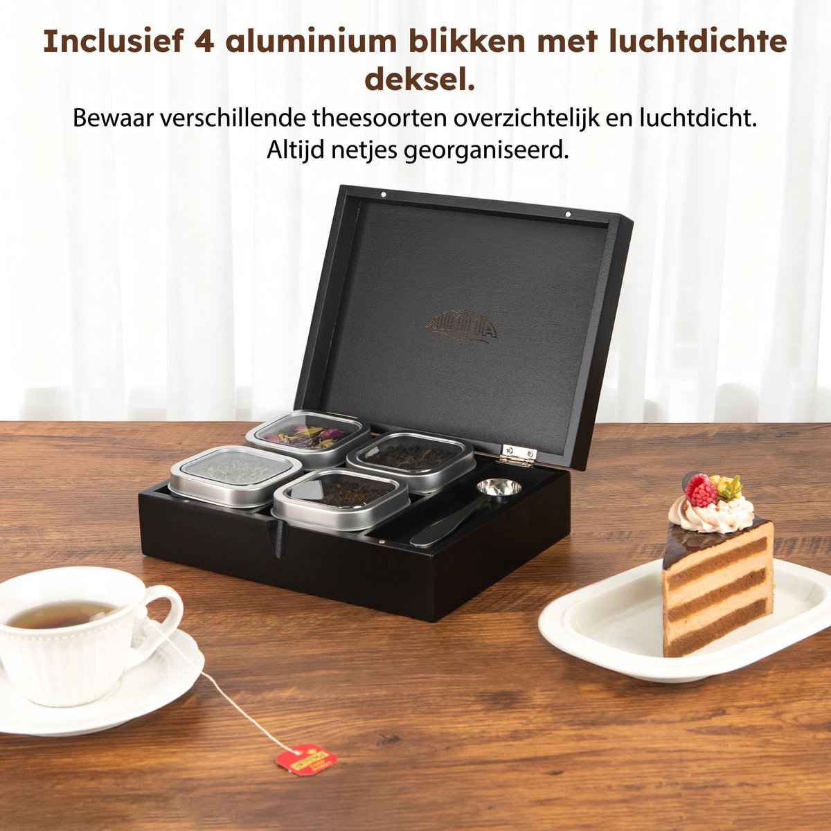 Nimma Teebox mit Dosen 23,7x18,1x7 cm - Bambus - 4 Fächer - Plexiglasdeckel