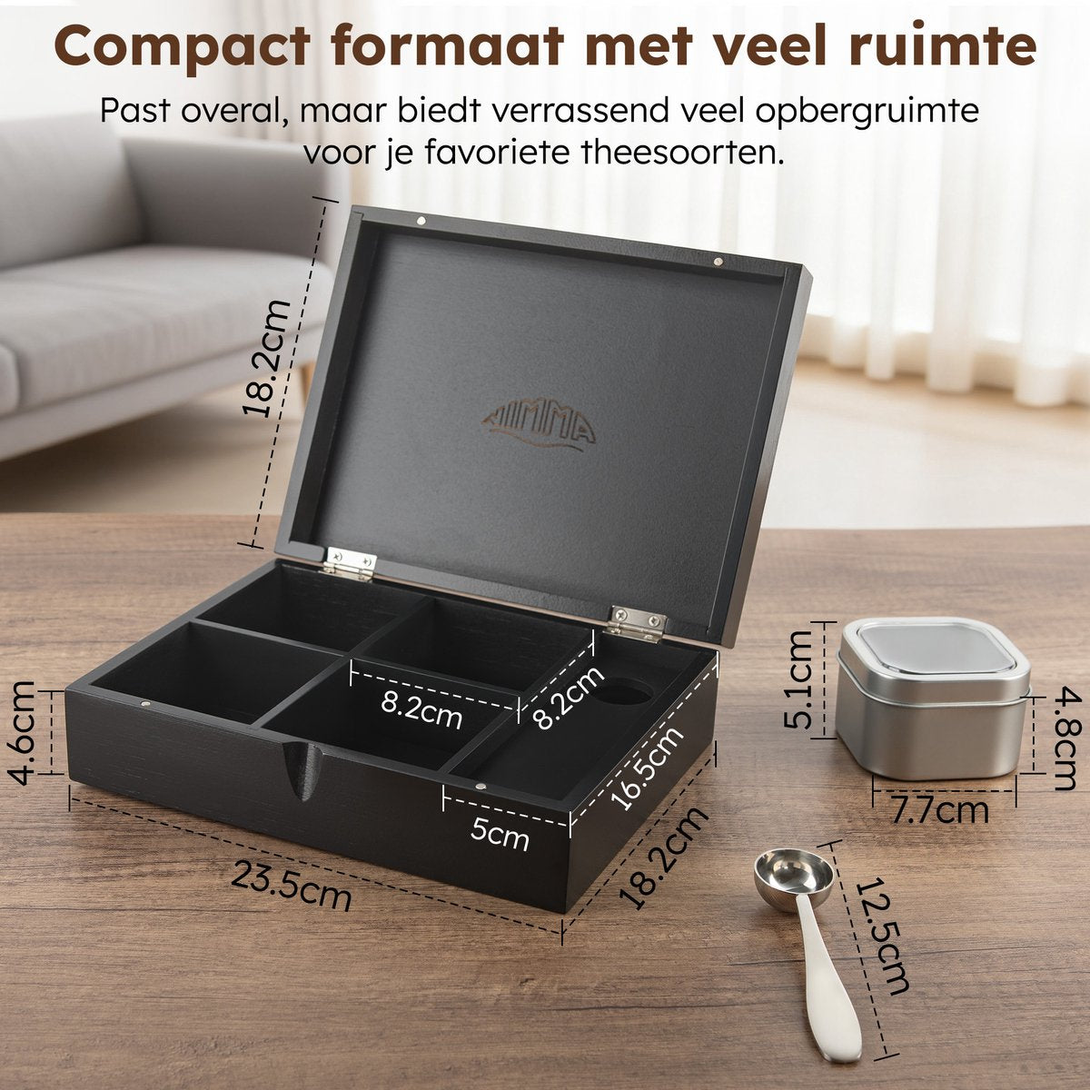 Nimma Teebox mit Dosen 23,7x18,1x7 cm - Bambus - 4 Fächer - Plexiglasdeckel