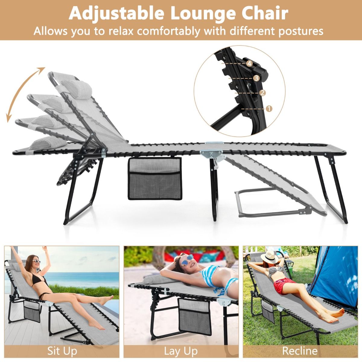 Coast Garden Lounger - Sonnenliege mit Seitentasche und Kopfstütze - klappbar - mit verstellbarer Rückenlehne - grau