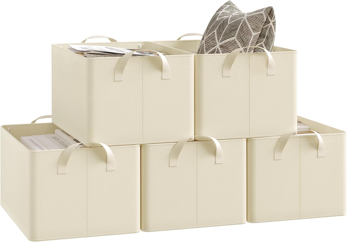 Woltu Faltbare Aufbewahrungsboxen 5er Set - Aufbewahrungswürfel aus Stoff mit Griffen - stapelbare Aufbewahrungsboxen für Kleidung und Spielzeug - Creme - 37,5 x 20 x 26 cm