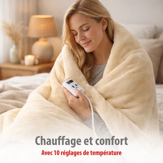 alpina Heizdecke Elektrische Oberdecke 130 x 180 cm – Elektrische Heizdecke für eine Person mit Timer (1–9 Stunden) – Kuscheldecke mit 10 Heizstufen – Waschbare Überwurfdecke – Flanell – Beige
