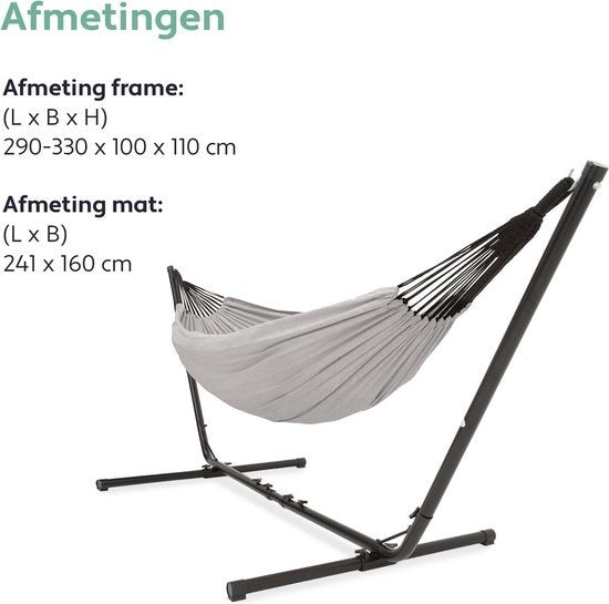 Vita5 Hängematte mit Ständer - 2 Personen - Verstellbare Länge - Inkl. Tragetasche - Gewicht 205 kg - Grau