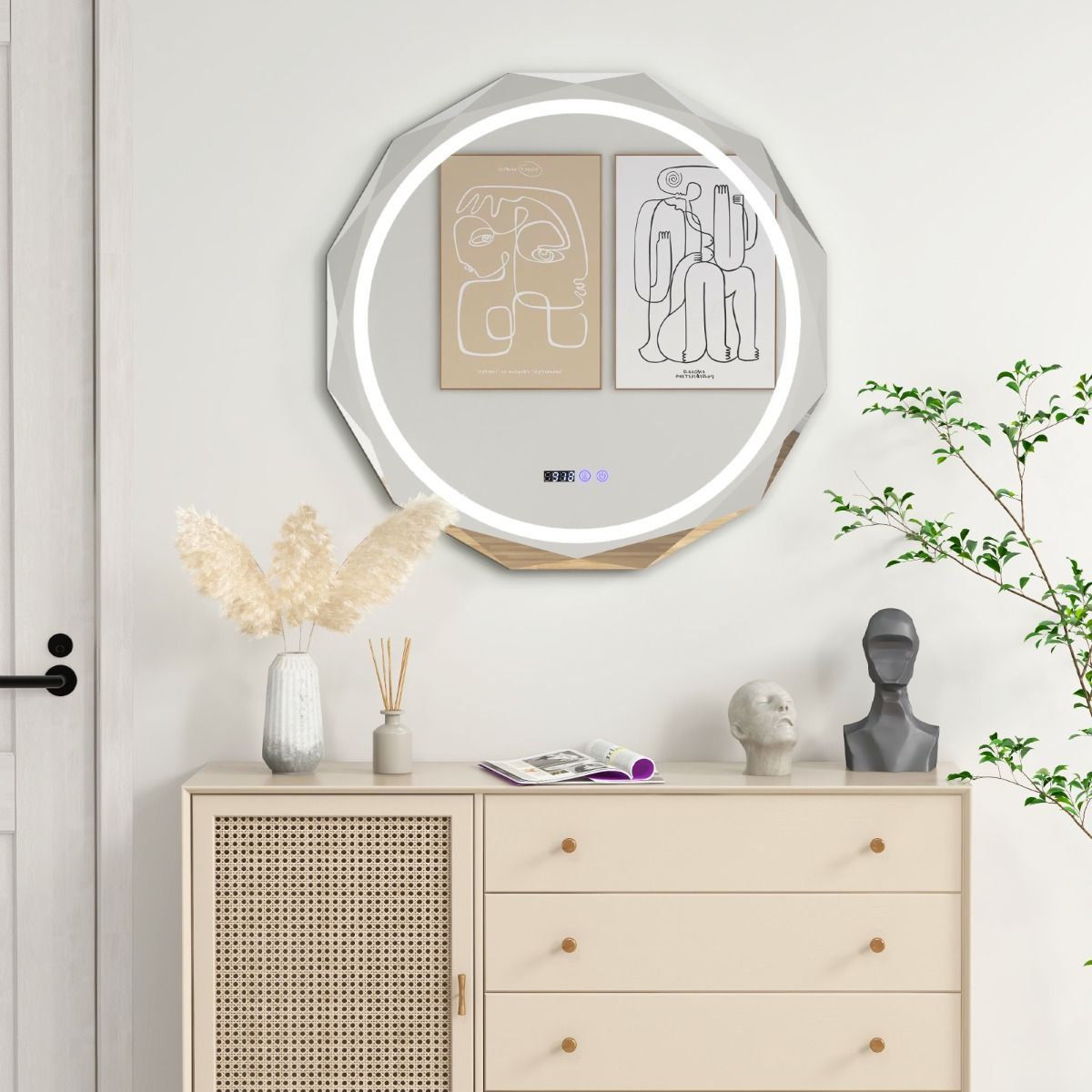 Coast LED-Badezimmerspiegel 76x76 cm Silber/Weiß mit Anti-Beschlag, Beleuchtung, Uhr und Temperaturanzeige