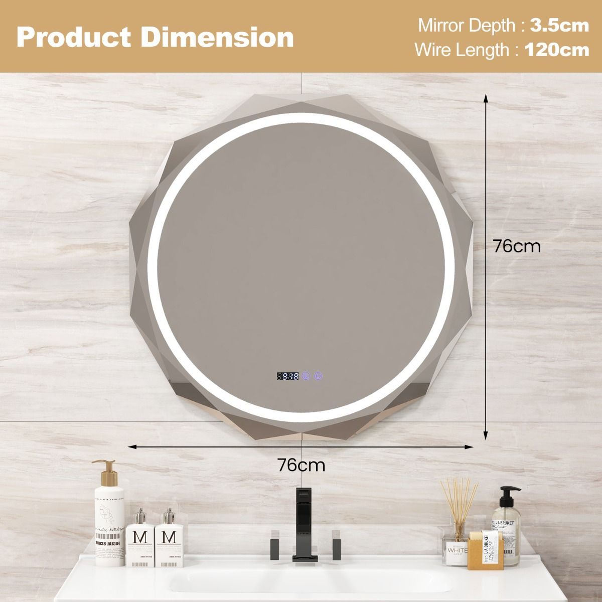 Coast LED-Badezimmerspiegel 76x76 cm Silber/Weiß mit Anti-Beschlag, Beleuchtung, Uhr und Temperaturanzeige