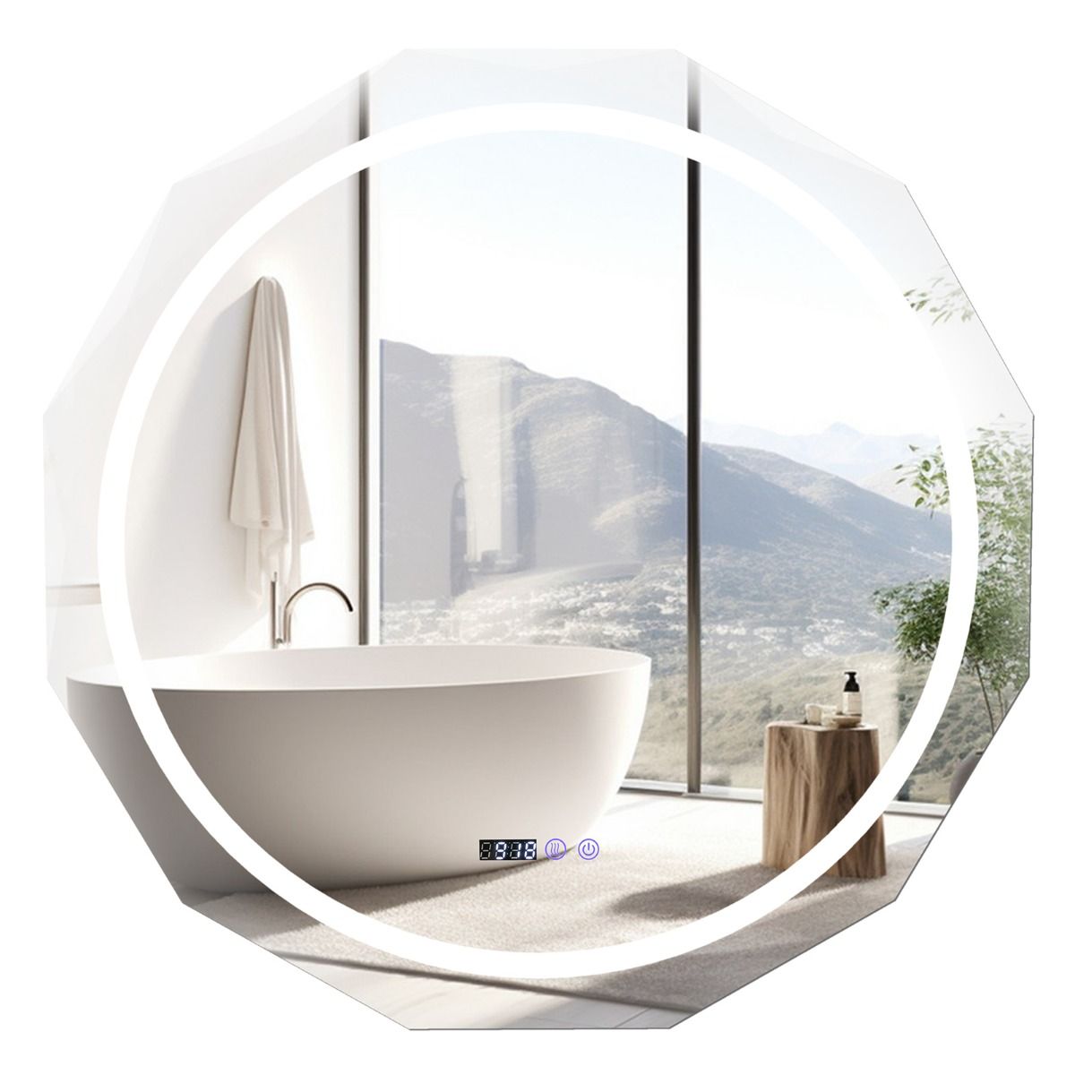 Coast LED-Badezimmerspiegel 76x76 cm Silber/Weiß mit Anti-Beschlag, Beleuchtung, Uhr und Temperaturanzeige