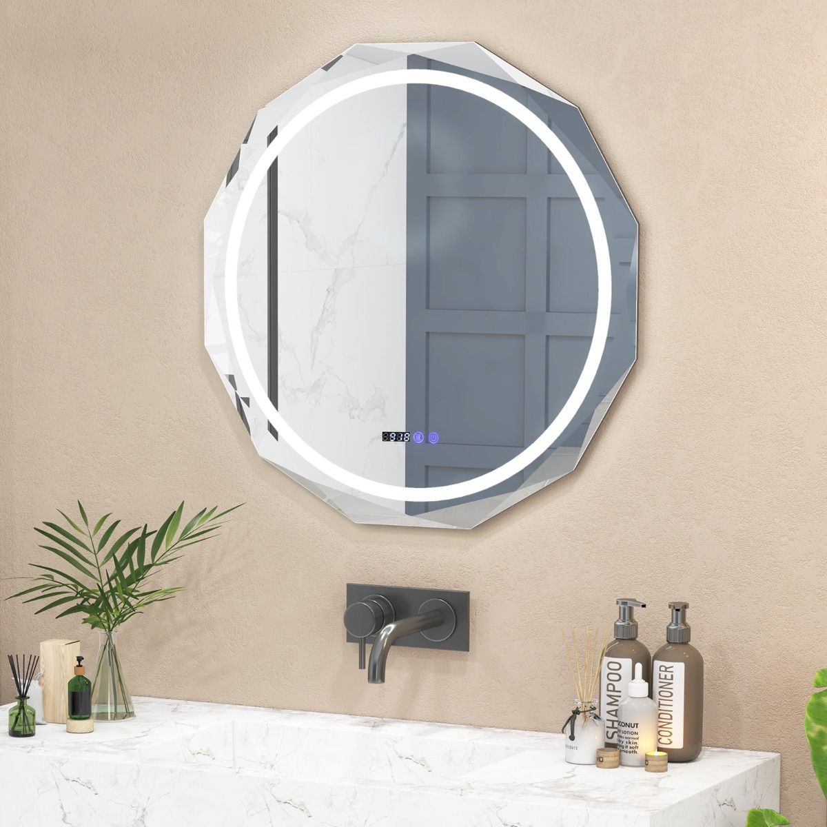 Coast LED-Badezimmerspiegel 76x76 cm Silber/Weiß mit Anti-Beschlag, Beleuchtung, Uhr und Temperaturanzeige