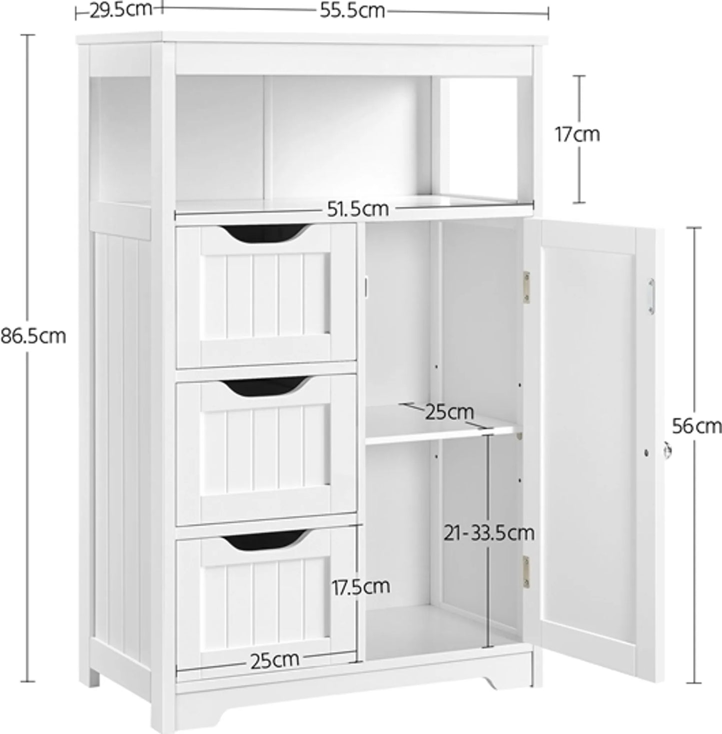 Yaheetech Badezimmerschrank Weiß - Verfügt über 3 Schubladen und Schrank mit verstellbarem Regal und offener Lagerung - Für Wohnzimmer und Schlafzimmer - Weiß Mdf und Metall - 55,5 x 29,5 x 86,5 cm