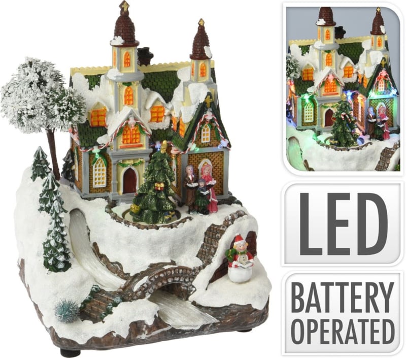 Weihnachtsszene Kirche mit faseroptischem Fluss - mehrfarbig - 19 x 18 x 25 cm - LED-Lichter, Musik & Bewegung