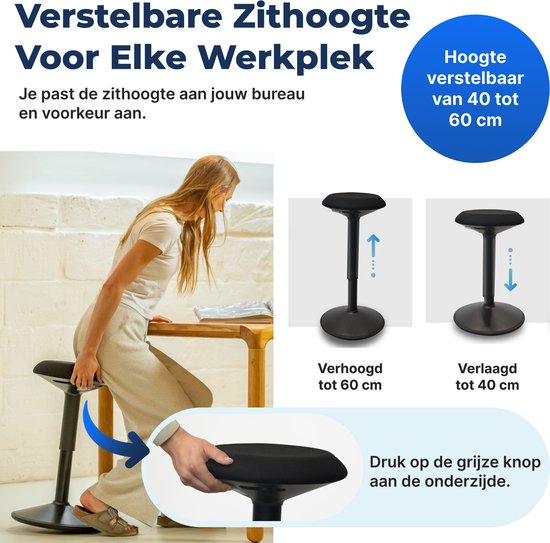 Backerz Wackelhocker – Ergonomischer Wackelstuhl, Höhe 40–60 cm – Balancehocker – Sitz-Steh-Hocker – Sattelhocker, schwarz