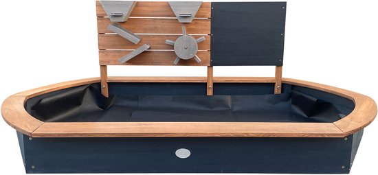 AXI Joey Sandkasten 158 x 91 x 57 cm Braun/Anthrazit – Mit Spielwand und Kreidetafel – Ovaler Sandkasten – Mit Abdeckplane und Bodenplane – 100 % FSC-zertifiziertes Hemlock-Holz