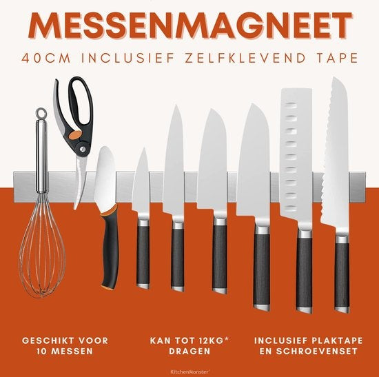 KitchenMonsterÂ¬Ã† Messermagnet Messerblock 40 cm - Magnetischer Messerhalter Inklusive Klebeband (3M) und Schraubbefestigung - Messermagnetstreifen aus Edelstahl