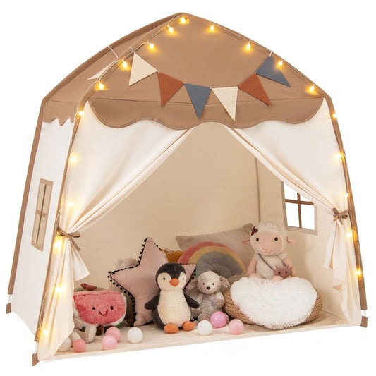 Coast Play Tent Kids 157 x 98 x 148 cm Beige/Braun - Schlafzelt mit Lichtern und Fahnen für drinnen und draußen