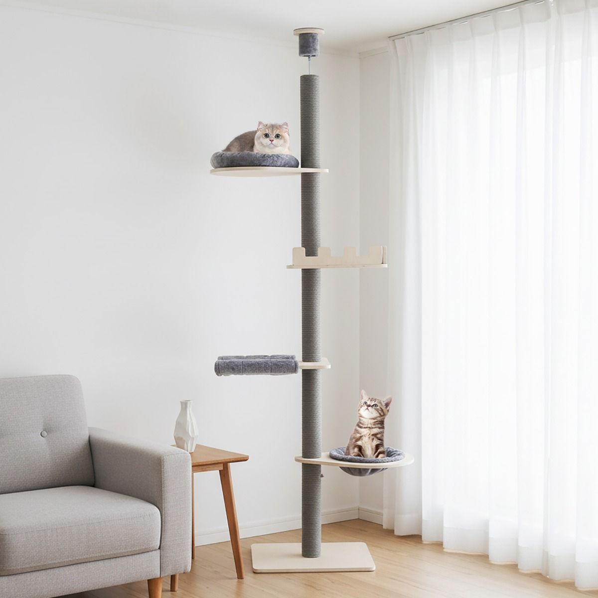 Coast Kratzbaum Boden-Decke, 5 Ebenen, höhenverstellbar 236–271 cm – Grau