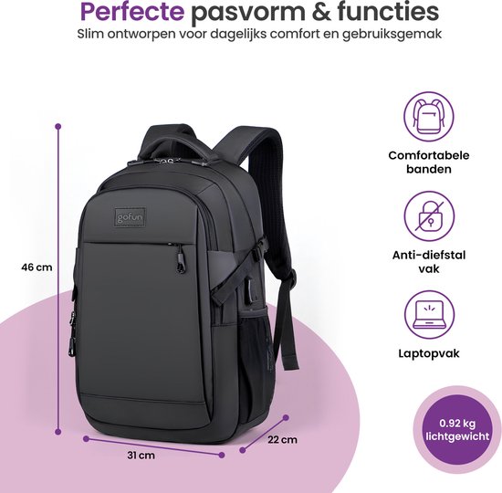 Gofun Rucksack - 35L - 15.6-inch - Wasserdicht & Anti-Diebstahl - USB-Anschluss - Rucksack - Schultasche - Laptop-Tasche - Schwarz