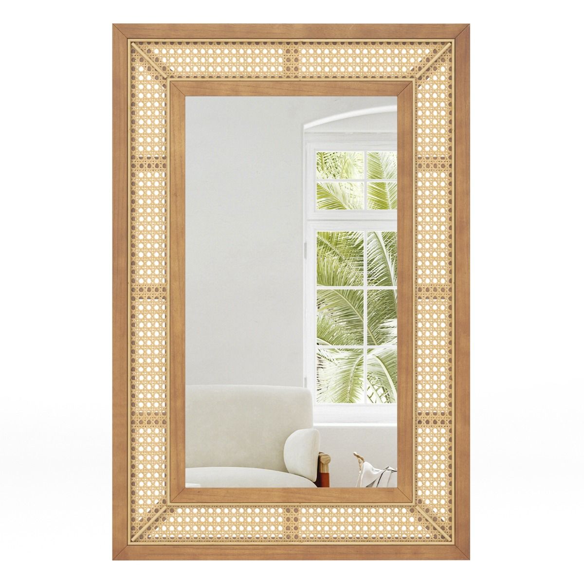 Coast Rattan Wandspiegel 90x60 cm Naturholz - Rechteckiger Boho-Spiegel Horizontal oder vertikal aufhängbar