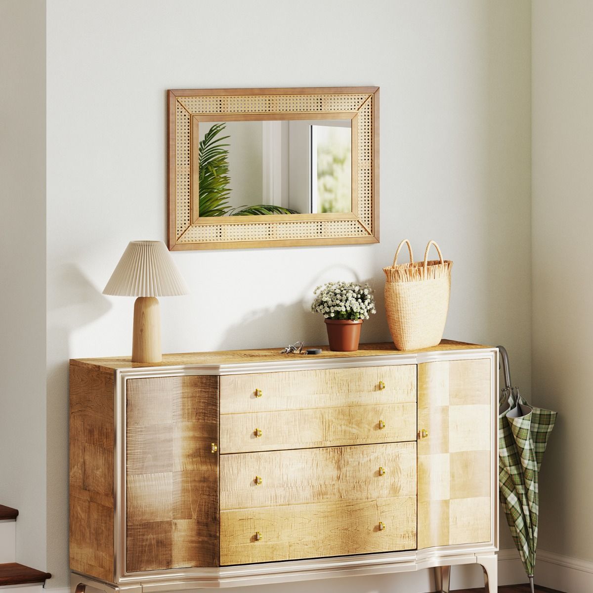 Coast Rattan Wandspiegel 90x60 cm Naturholz - Rechteckiger Boho-Spiegel Horizontal oder vertikal aufhängbar