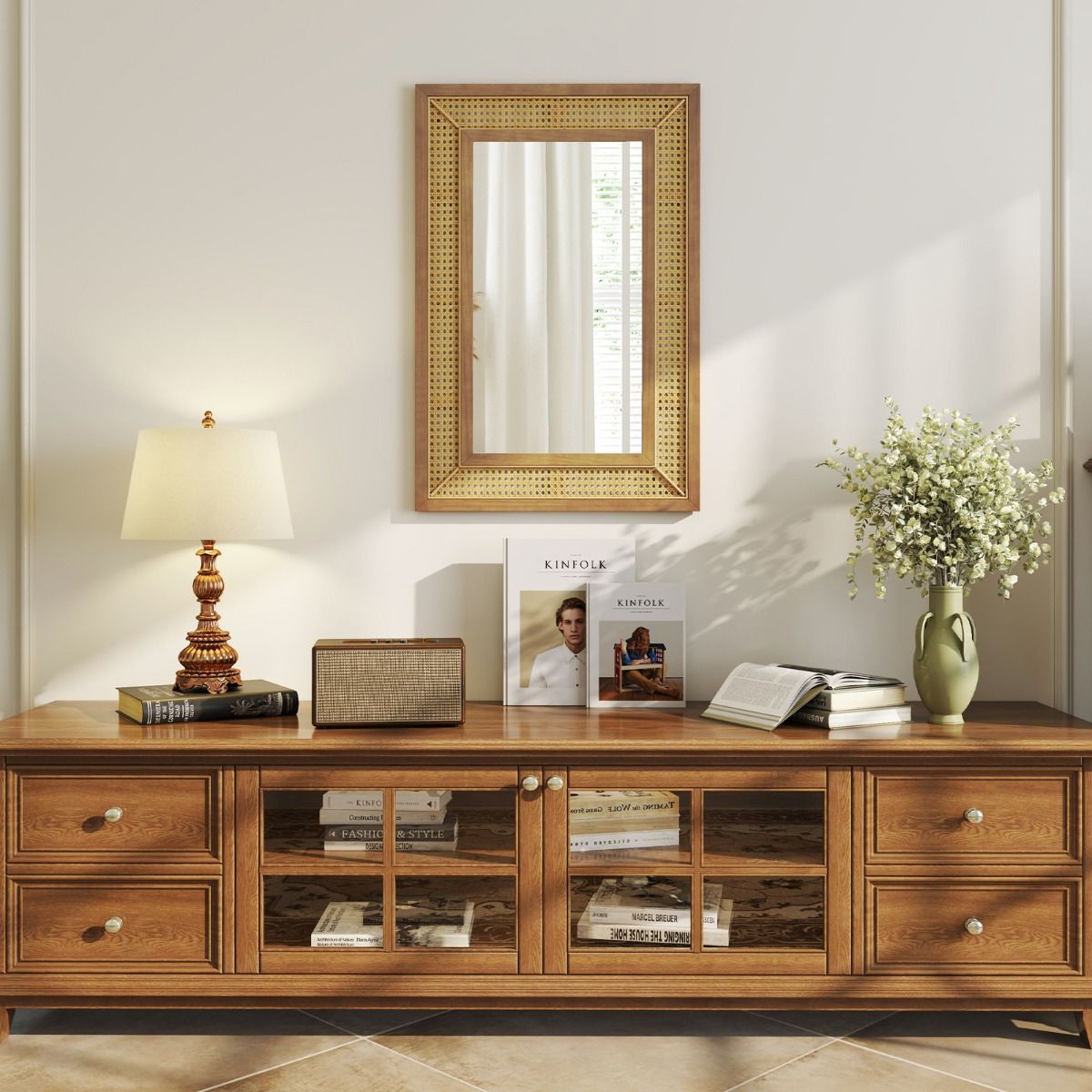 Coast Rattan Wandspiegel 90x60 cm Naturholz - Rechteckiger Boho-Spiegel Horizontal oder vertikal aufhängbar