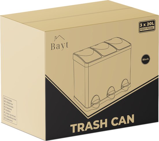 Bayt Mülleimer - Mülleimer 60 Liter - Mülleimer 60 Liter - Treteimer 60 Liter - Mülleimer 3 Fächer - Mülleimer Abfalltrennung - 3x 20 Liter - Edelstahl - Schwarz