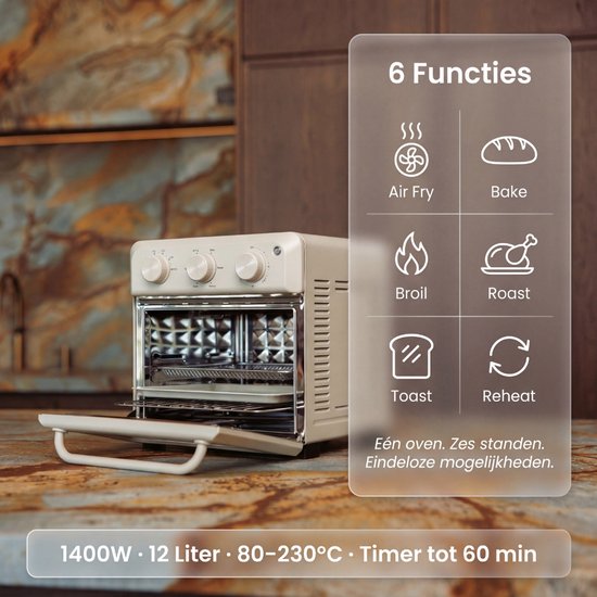 Safecourt 6-in-1 Airfyer Ofen - 100% PFAS-frei - 6 Programme - 80 bis 230 Grad - Airfryer, Backen, Braten, Toasten, Grillen & Aufwärmen - Beige