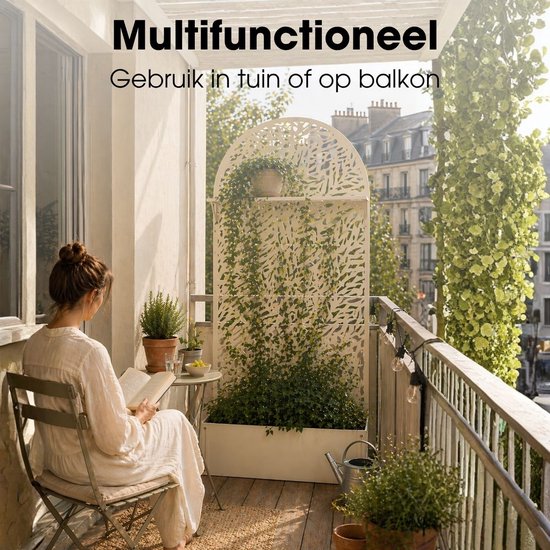 Mica Decorations Sapri Pflanzenstütze – Pflanzkübel mit Klettergitter für Kletterpflanzen – Pflanzenständer, freistehend oder an der Wand – 90 x 33 x 180 cm – Off White